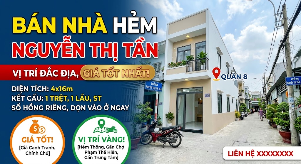 Bán nhà hẻm đường Nguyễn Thị Tần giá tốt, vị trí đắc địa